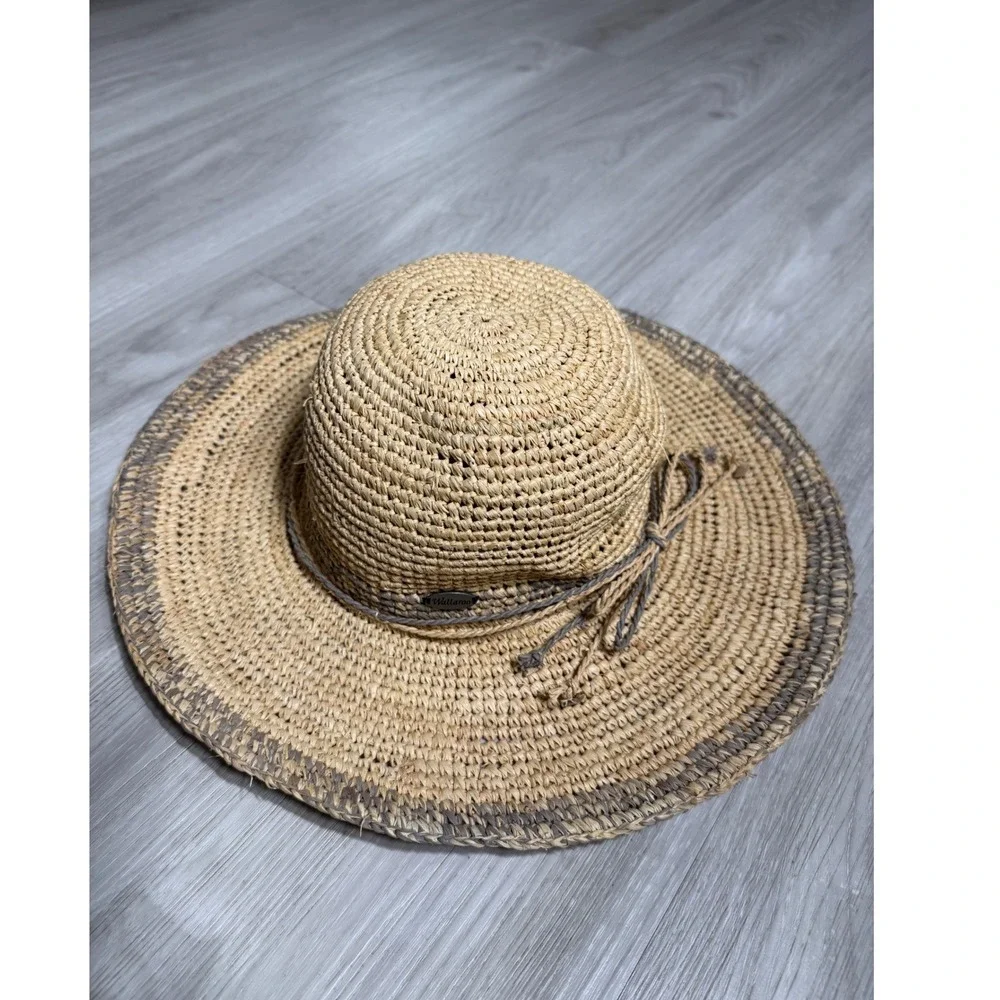 Wallaroo Hat Company Camille Natural Raffia Straw Sun Hat Wide Brim Tan Grey